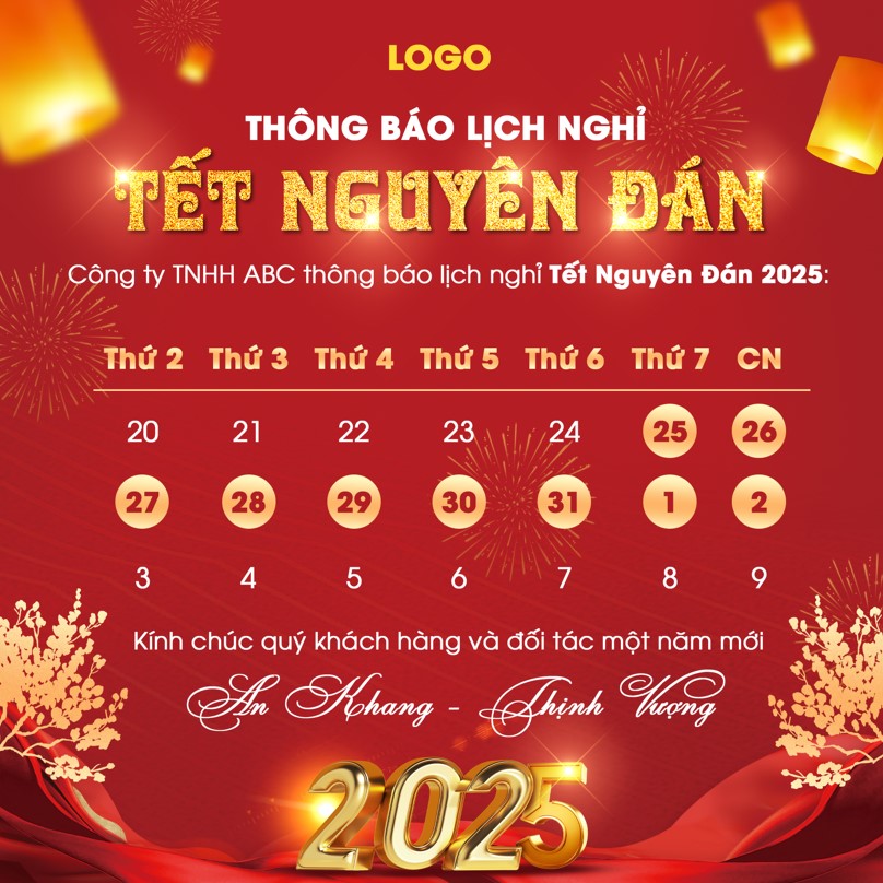 Banner poster chúc mừng năm mới thông báo lịch nghỉ tết nguyên đán happy new year tet holiday, poster tết